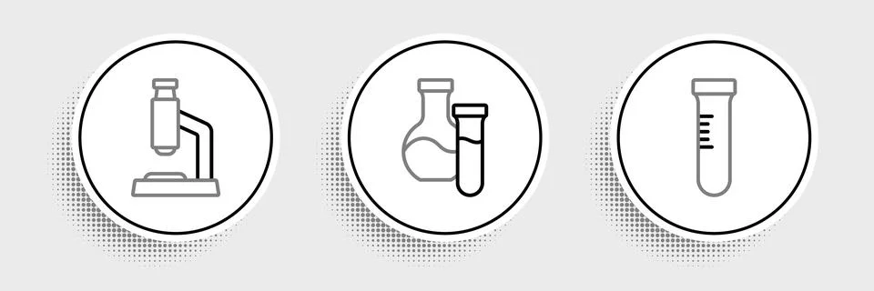 Set line Test tube, Microscope and  icon. Vector Stock Illustration