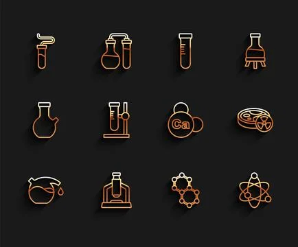 Set line Test tube, Microscope, Molecule, Atom, flask on stand, with toxic li Illustrazione stock