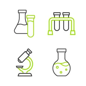Set line Test tube, Microscope, and icon. Vector Illustrazione stock