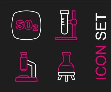 Set line Test tube, Microscope, flask on stand and Sulfur dioxide SO2 icon Stockillustratie