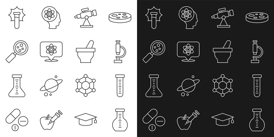 Set line Test tube, Microscope, Telescope, Atom, Microorganisms under magnifier Stockillustratie
