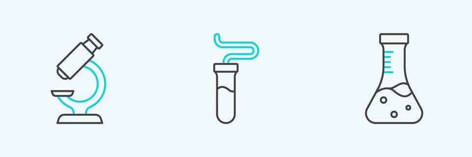 Set line Test tube, Microscope and icon. Vector Stock Illustration