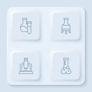 Set line Test tube, Microscope and . White square button. Vector Illustrazione stock