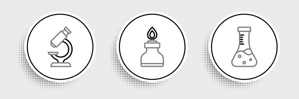 Set line Test tube, Microscope and Alcohol or spirit burner icon. Vector Illustrazione stock