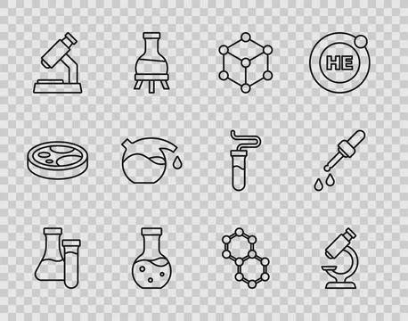 Set line Test tube, Microscope, Molecule, and Pipette icon. Vector Illustrazione stock
