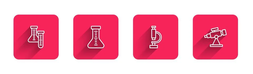 Set line Test tube, Microscope and Telescope with long shadow. Red square b.. イラスト素材