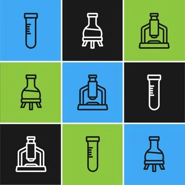Set line Test tube, Microscope and  icon. Vector Illustrazione stock