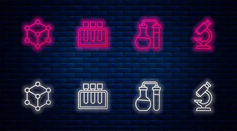 Set line Test tube, Molecule and Microscope. Glowing neon icon on brick wall Illustrazione stock