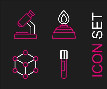 Set line Test tube, Molecule, Alcohol or spirit burner and Microscope icon Stockillustratie