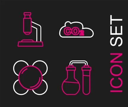 Set line Test tube, Molecule, CO2 emissions in cloud and Microscope icon. Vector Illustrazione stock