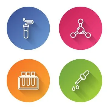 Set line Test tube, Molecule,  and Pipette. Color circle button. Vector Illustrazione stock