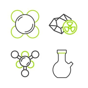 Set line Test tube, Molecule, Radioactive and  icon. Vector Stock Illustration