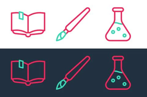 Set line Test tube, Open book and Paint brush icon. Vector Illustration