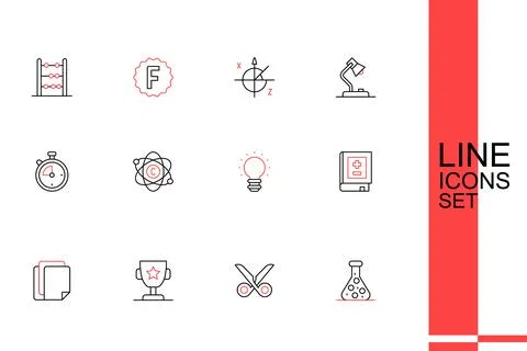 Set line Test tube, Scissors, Award cup, File document, Book with mathemati.. Illustrazione stock