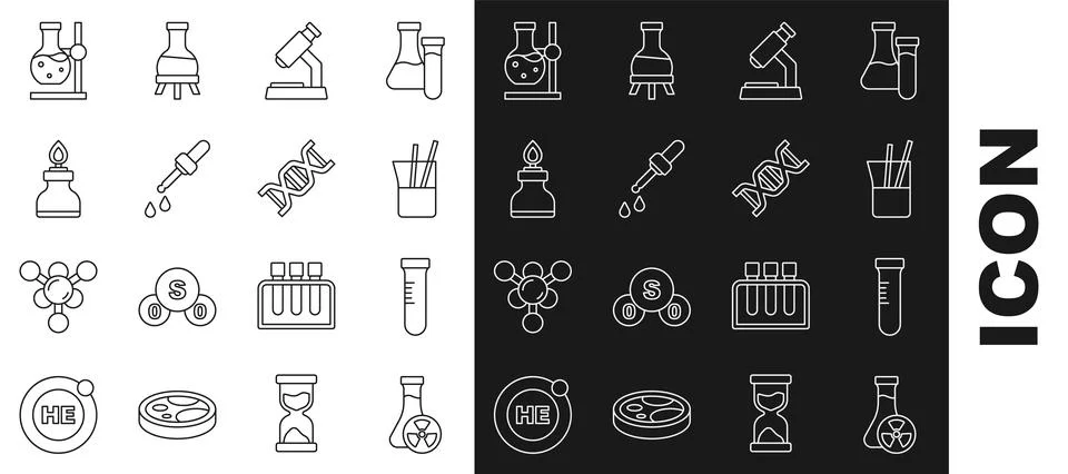 Set line Test tube with toxic liquid, Laboratory glassware, Microscope, Pip.. Illustrazione stock
