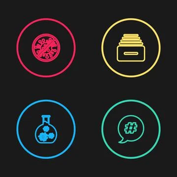 Set line Test tube with virus, Hashtag speech bubble, Drawer documents and Stop Stock Illustration