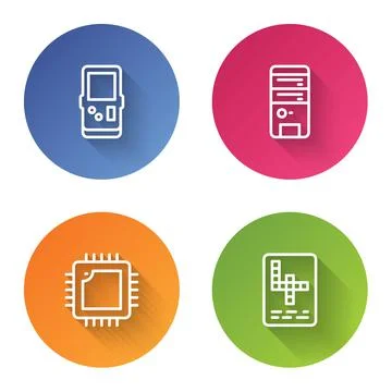 Set line Tetris, Computer, Processor with CPU and Crossword. Color circle button Stock Illustration