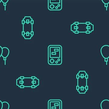 Set line Tetris electronic game, Skateboard and Balloons on seamless pattern Stock Illustration