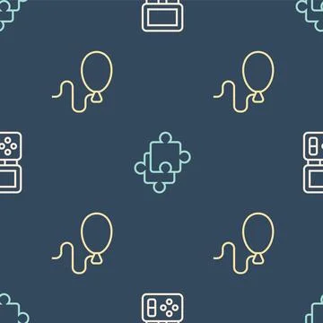 Set line Tetris electronic game, Balloons and Puzzle pieces toy on seamless.. Stock Illustration