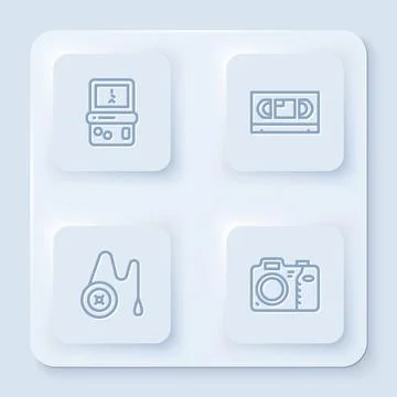 Set line Tetris, VHS video cassette tape, Yoyo toy and Photo camera. White .. Stock Illustration