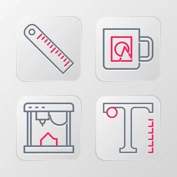 Set line Text, 3D printer, Coffee cup and Ruler icon. Vector Illustrazione stock