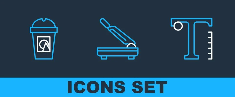 Set line Text, Coffee cup to go and Paper cutter icon. Vector Stock Illustration