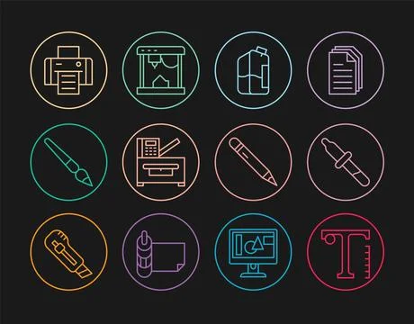 Set line Text, Pipette, Printer ink bottle, Copy machine, Paint brush, Penc.. Stock Illustration