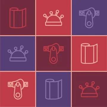 Set line Textile fabric roll, Zipper and Needle bed and needles icon. Vector Illustrazione stock