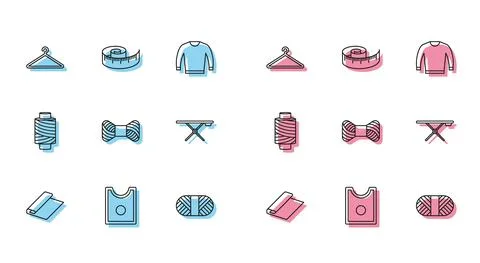 Set line Textile fabric roll, Sewing Pattern, Hanger wardrobe, thread on spool Illustrazione stock