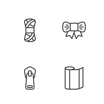 Set line Textile fabric roll, Zipper, Yarn and Gift bow icon. Vector Illustrazione stock