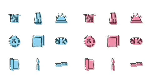Set line Textile fabric roll, Cutter tool, Knitting, Tape measure, Sewing thread Stock Illustration