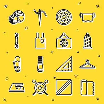 Set line Textile fabric roll, Hanger wardrobe, Sewing thread, button, Sleeveless Stock Illustration