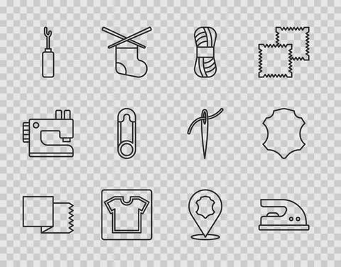 Set line Textile fabric roll, Electric iron, Yarn, Sewing pattern, Awl tool Stock Illustration
