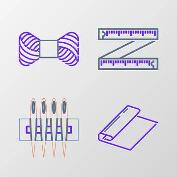Set line Textile fabric roll, Needle for sewing, Tape measure and Sewing thread Stock Illustration