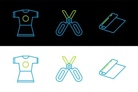 Set line Textile fabric roll, Woman dress and Scissors icon. Vector Stock Illustration