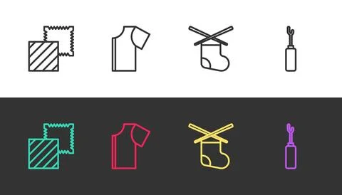 Set line Textile fabric roll, Sewing pattern, Knitting needles and Awl tool on Illustrazione stock