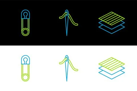 Set line Textile fabric roll, Classic closed steel safety pin and Needle for Stock Illustration