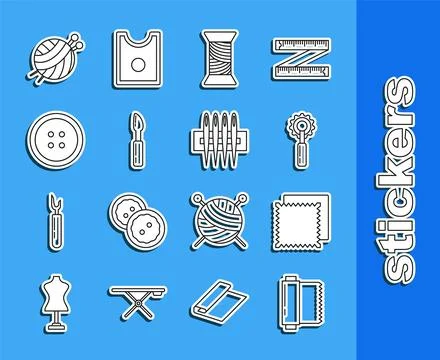 Set line Textile fabric roll, Cutter tool, Sewing thread on spool, button f.. Stock Illustration