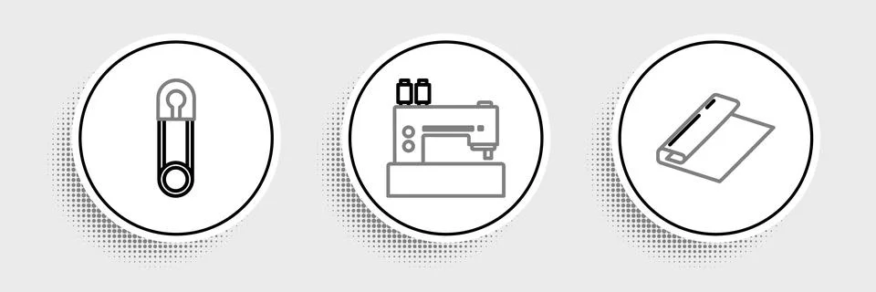 Set line Textile fabric roll, Classic closed steel safety pin and Sewing ma.. Stock Illustration