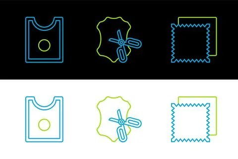 Set line Textile fabric roll Sewing Pattern and Scissors and leather icon. Ve Stock Illustration