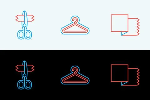 Set line Textile fabric roll, Scissors and Hanger wardrobe icon. Vector Stock Illustration