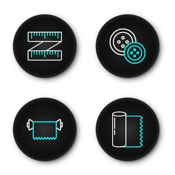Set line Textile fabric roll, Sewing button and Tape measure icon. Vector Illustrazione stock