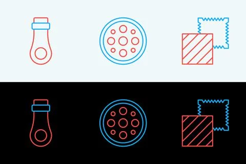 Set line Textile fabric roll, Zipper and Sewing button icon. Vector Illustrazione stock