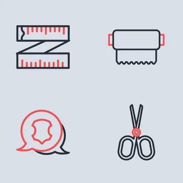 Set line Textile fabric roll, Leather, Scissors and Tape measure icon. Vector Stock Illustration