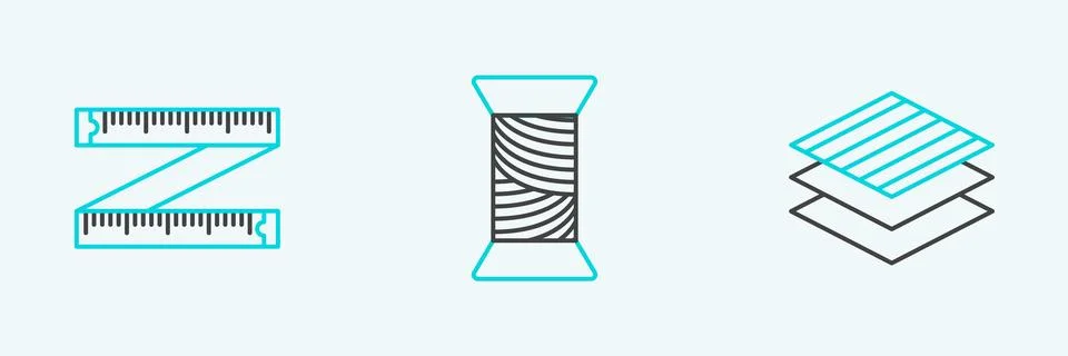 Set line Textile fabric roll, Tape measure and Sewing thread on spool icon... Stock Illustration