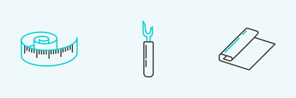 Set line Textile fabric roll, Tape measure and Cutter tool icon. Vector Stock Illustration