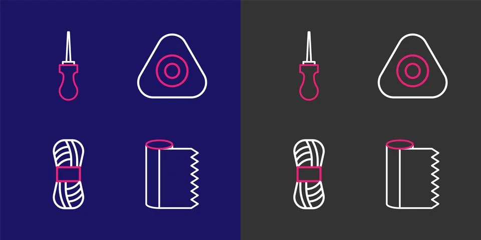 Set line Textile fabric roll, Yarn, Sewing chalk and Awl tool icon. Vector Stock Illustration