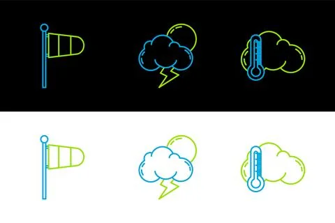 Set line Thermometer and cloud, Cone meteorology windsock wind vane and Sto.. Stock Illustration