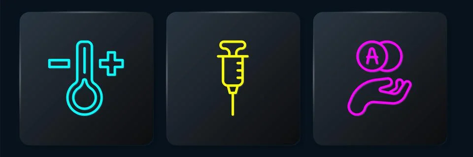 Set line Thermometer, Atom and Syringe. Black square button. Vector Stock Illustration