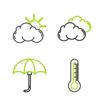 Set line Thermometer, Classic elegant opened umbrella, Cloud and Sun and cl.. Stock Illustration
